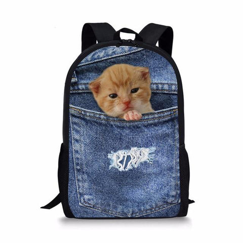 Denim Cat - Primary School Bag - School Bag Print